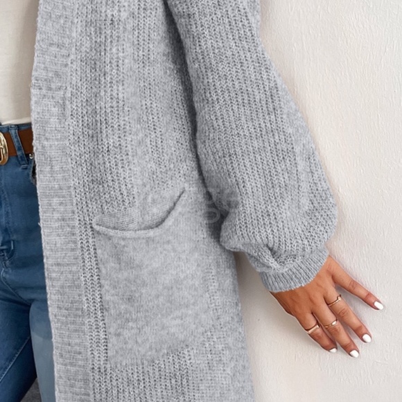 Grey Duster Cardigan Front Pockets Cable Knit Long Sleeve Midi Length - Picture 7 of 8